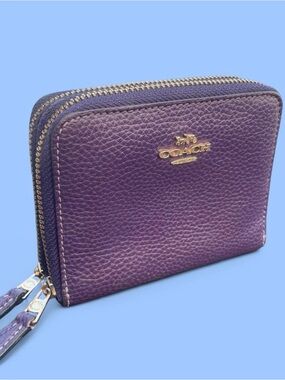 Coach Purple Pebbled Leather Double Zip Wallet with Gold Hardware